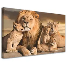 Quadro Grande Leao Leoa Protetor Familia 03 Filhos 90X60 Sala Escritorio Tela Canvas Alta Definição