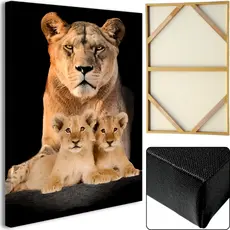 Quadro Grande Leoa Mae Protetora Filhos Decorativo Sala Quarto Escritorio Tela em Madeira e Tecido
