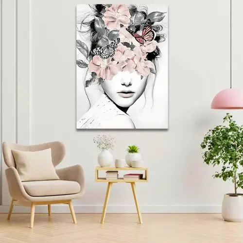 Quadro Grande Mulher Flores Abstrato Tela Madeira E Tecido