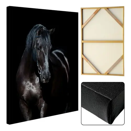 Quadro Grande Cavalo Corcel Negro Tela De Madeira E Tecido