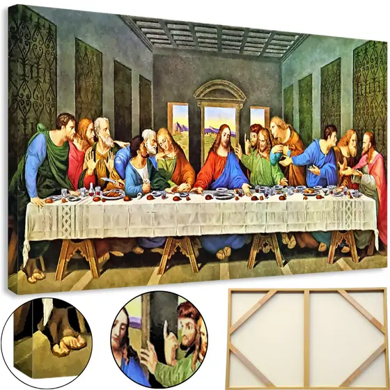 Quadro Santa Ceia Grande 90x60 Jesus Apostolos Religioso Tela Ultra HD Tecido Borda Infinita