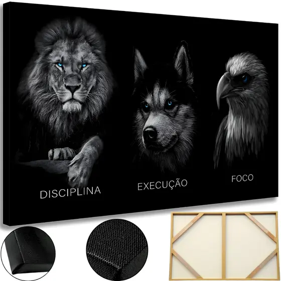 Quadro Grande Decorativo Foco Disciplina Execucao Leao Lobo Aguia Tela Madeira e Tecido Ultra HD 4K