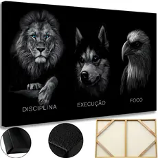 Quadro Grande Decorativo Foco Disciplina Execucao Leao Lobo Aguia Tela Madeira e Tecido Ultra HD 4K