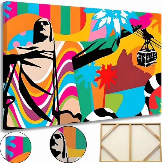 Quadro Decorativo Bondinho Pao De Acucar Rio de Janeiro Tela Madeira e Tecido Cores Vivas