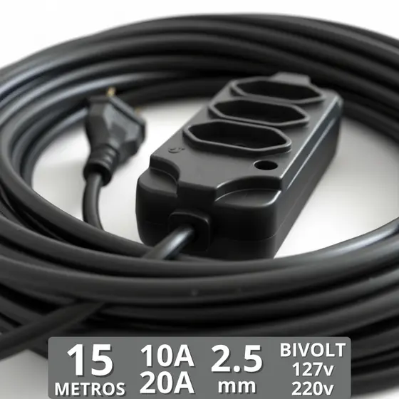 Extensão Eletrica 20a E 10a 15 Metros 03 Tomadas Pino Grosso Cabo Reforçado Bivolt 110v 220v
