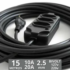 Extensão Eletrica 20a E 10a 15 Metros 03 Tomadas Pino Grosso Cabo Reforçado Bivolt 110v 220v