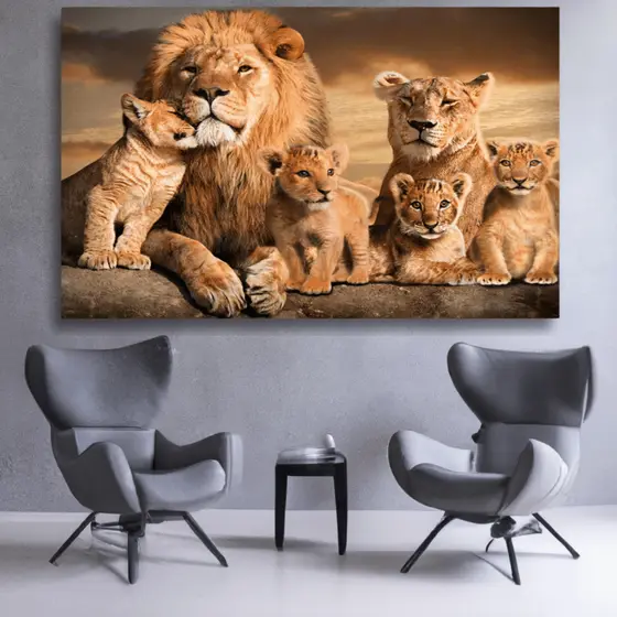 Quadro Leao Familia 04 Filhotes Sala Quarto Tela Grande 60x90 Madeira e Tecido Canvas