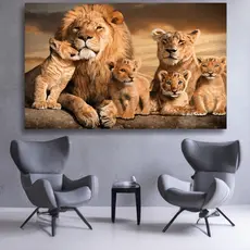 Quadro Leao Familia 04 Filhotes Sala Quarto Tela Grande 60x90 Madeira e Tecido Canvas