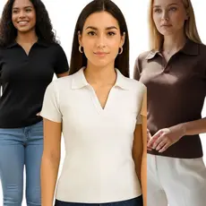 Kit 3 Blusas Femininas B谩sicas Gola Polo Ribana algod茫o