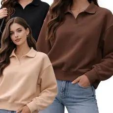 Moletom Feminino Oversized Gola Polo Premium Casual Chic Confortável Manga Longa Moda Inverno