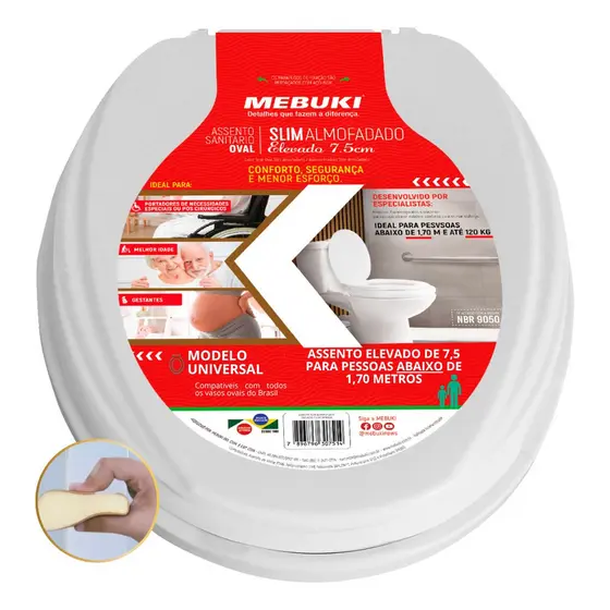 Assento Sanitário Oval Almofadado Elevado 7,5cm Monna para Vaso Eternit 1.6gpf 6.0lpf