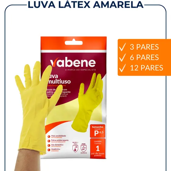 Kit Luva Multiuso Amarela Látex 3, 6 ou 12 Unidades Limpeza Cozinha Banheiro Antiderrapante Impermeável Reutilizável