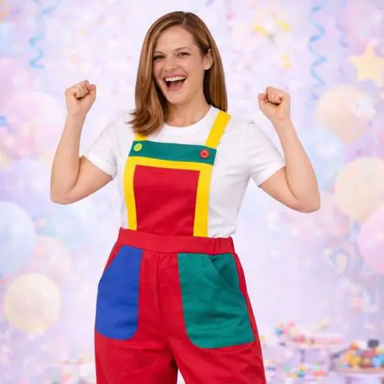 Macacão Para Recreação e Monitor de Buffet Infantil Festas Eventos Roupa Colorida Animada Alegre Cores Vivas