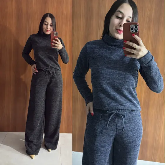 Conjunto Feminino Lanzinha Ribana Canelada 2 Peças | Blusa Gola Alta Manga Longa + Calça Pantalona