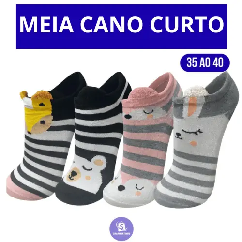 Kit Até 12 Pares Meias Soquete Bichinho Adulto Feminina Estampada 35 ao 40