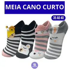Kit Até 12 Pares Meias Soquete Bichinho Adulto Feminina Estampada 35 ao 40