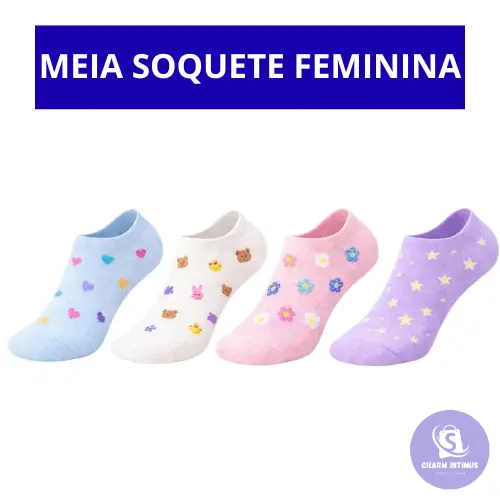 Kit Até 12 Pares De Meias Soquete Feminina Respirável Elástica Sortida Premium