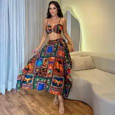 Conjunto Saia Assimétrica Ponta Quadrada e Cropped com Alças de Regulagem