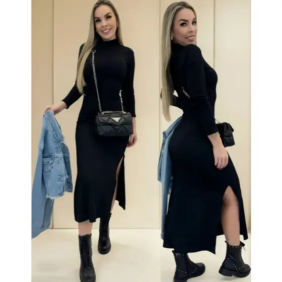 Vestido Gola Alta Com Manga Longa E Fenda Feminino Midi