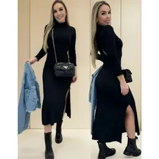Vestido Gola Alta Com Manga Longa E Fenda Feminino Midi