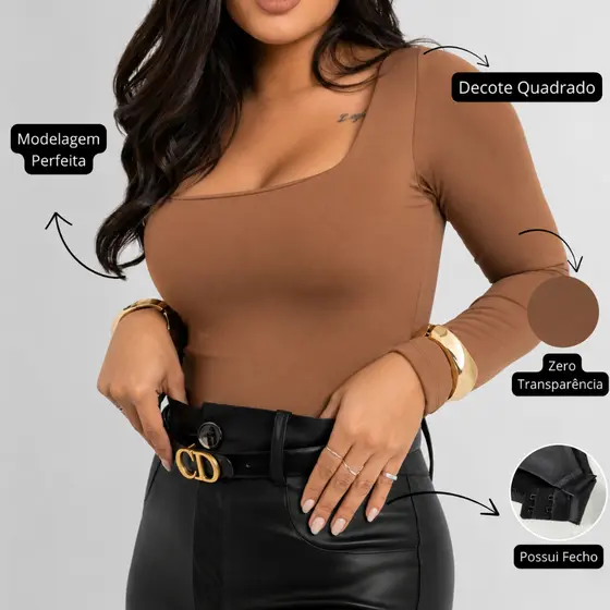 Body Decote Quadrado Manga Longa Feminin Segunda Pele Blusa Frio Collant