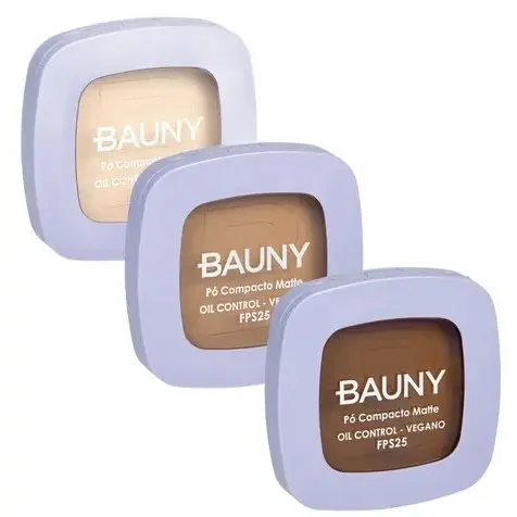 Pó Compacto facial FPS25 Alta Fixação Acabamento Matte Controla a oleosidade Rosto Proteção BAUNY com cor