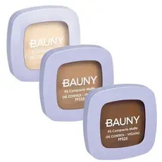 Pó Compacto facial FPS25 Alta Fixação Acabamento Matte Controla a oleosidade Rosto Proteção BAUNY com cor