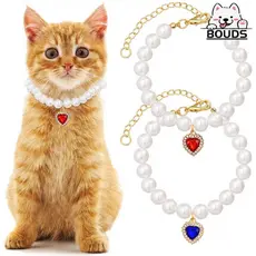 Colar de Pérolas Pet Luxo com Pingente Coração de Pedra para Gato e Cachorro, Acessório Elegante para Pets