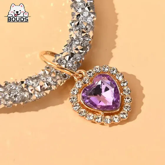 Coleira Pet de Strass Brilhante com Pingente Coração de Pedra, Ajustável para Gatos e Cachorros de Pequeno Porte