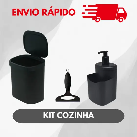 Kit cozinha lixeira dispenser detergente rodinho de pia preto alta qualidade resistente original