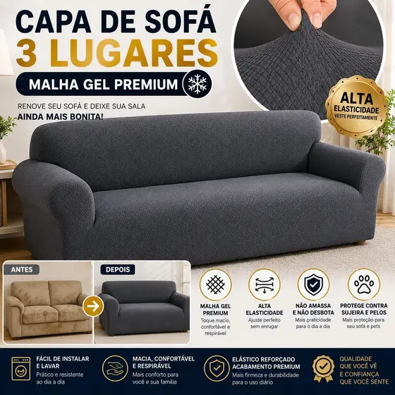 Capa De Sofá Lisa Avulsa 3 Lugares Malha Gel Super Macia