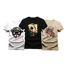 Kit 3 Camiseta Verão Casual Estampada Algodão 30.1 Fios