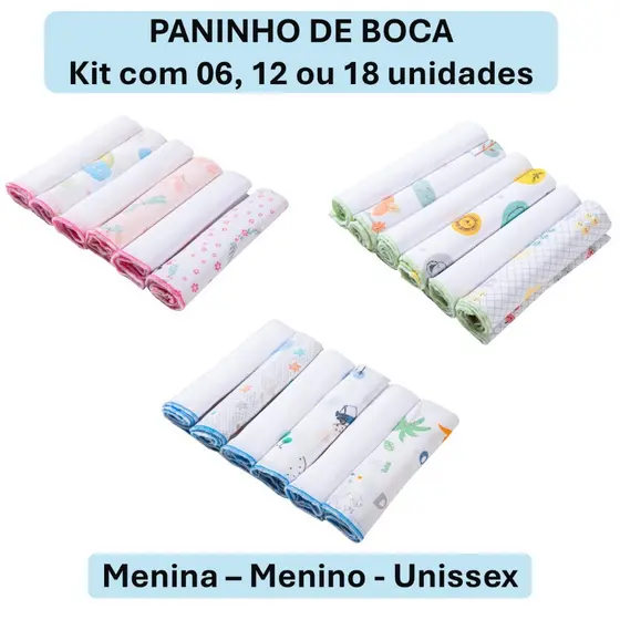 Pacote com 6 Pano de Boca Bebê Karinho 30x30cm 100% Algodão