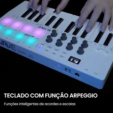 M-VAVE Mini teclado controlador MIDI portátil de 25 teclas USB com 8 pads de bateria retroiluminados 8 botões