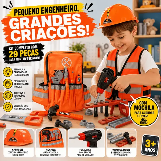 Kit Infantil Ferramentas Engenheiro Com Capacete Furadeira Furadeira De + Kit Mochila