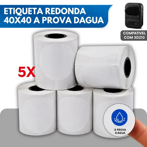 5 Rolo Etiqueta Adesiva Redonda 40x40 a prova dagua