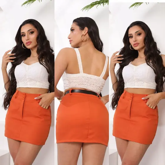 Short Saia Feminina Alfaiataria Cintura Alta com Cinto Estilo Social