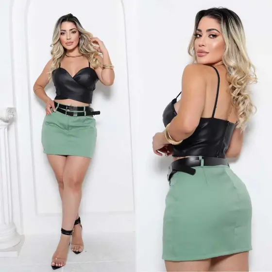 Short Saia Alfaiataria Feminino Cinto Duplo Cintura Alta
