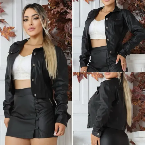 Jaqueta De Couro Feminina Botão Moda Inverno