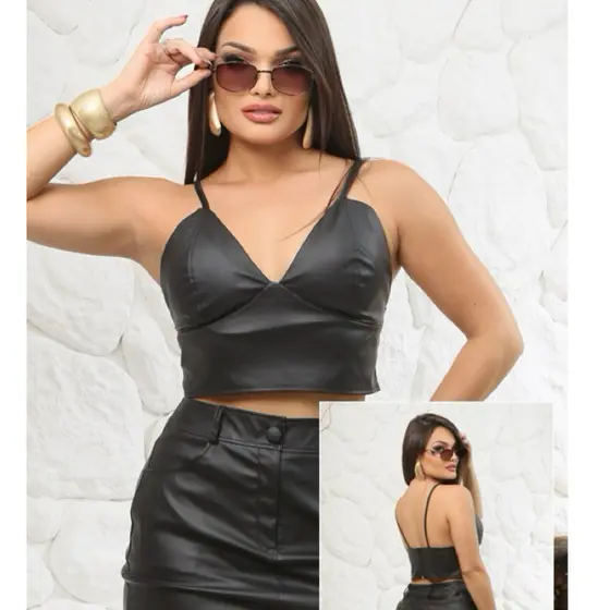Top Cropped Feminino Decote V Couro Sintético zíper Alças Finas