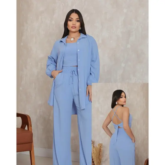 Conjunto Feminino Calça Pantalona + Blusa + Cropped Elegante Social Verão