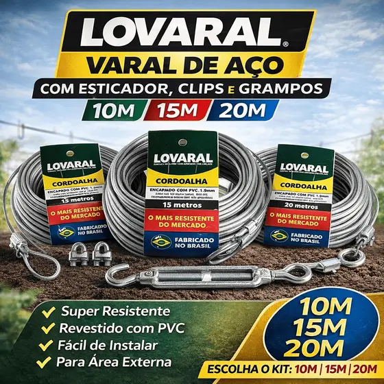 Varal de Aço Cabo de Aço Revestido 10M 15M 20M Suporta até 15 KG Clips Esticador Resistente Quintal