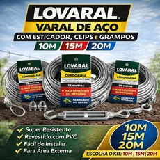 Varal de Aço Cabo de Aço Revestido 10M 15M 20M Suporta até 15 KG Clips Esticador Resistente Quintal