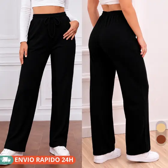 calça pantalona feminina Canelada Wide Leg Cintura Alta Elástica Bolso Outono / Inverno Promoção Tecido texturado