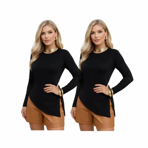 Kit 2 Peças Blusa Feminina Manga Longa Com Fenda- Promoção