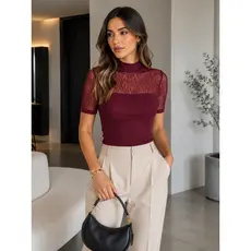 Blusa Tule Ondas Manga Curta Gola Alta Segunda Pele Feminina Promoção