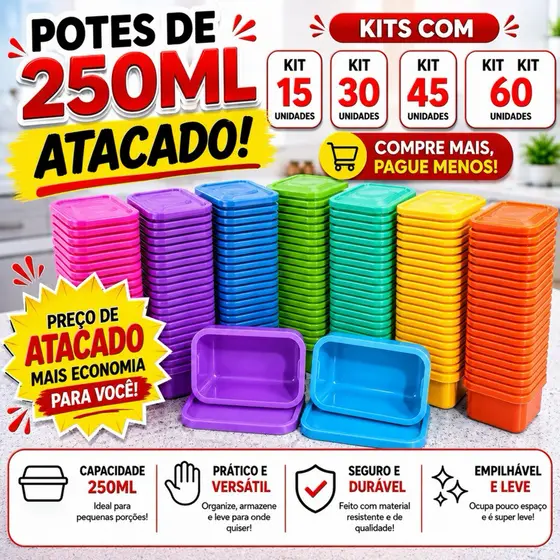 Kit Potes Plástico com Tampa 250ml 15 até 60 Unidades