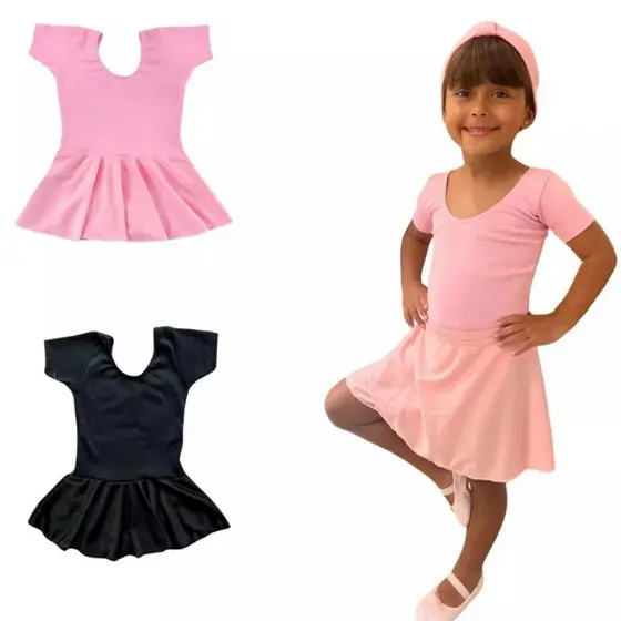 Collant Ballet Meia Manga Infantil  Saia Embutida balé body acoplada suplex dança juvenil