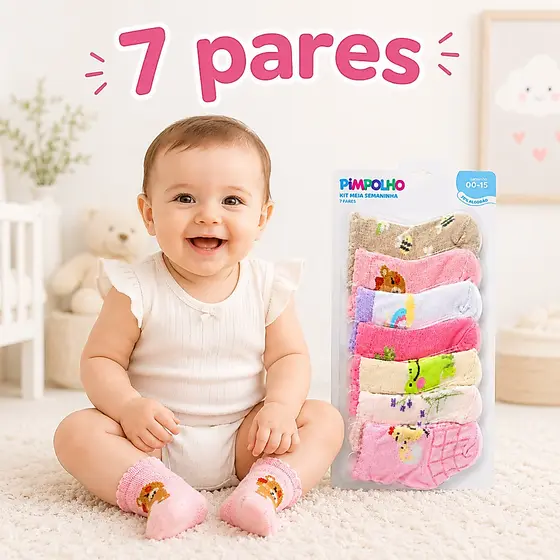 Kit Meia Bebê Semaninha Menina 7 Pares Sortidas RN Prematuro 00 a 15 Enxoval PIMPOLHO