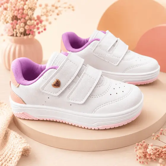 Tênis Infantil Kidy Happy Menina Casual Leve Anatômico Calce Fácil Antiderrapante Branco/Nude/Lavanda